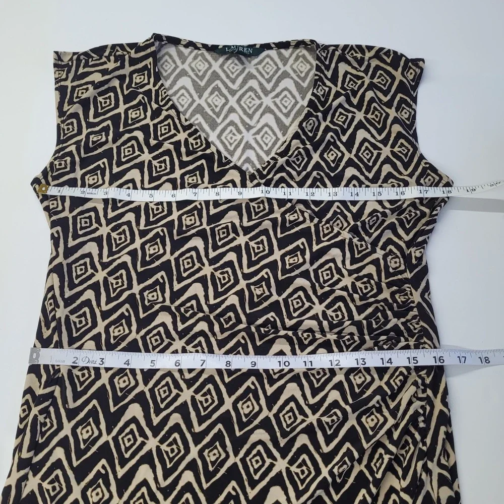 Lauren Ralph Lauren Dress Large‎ Black Beige Diamond Print Sleeveless Ruched